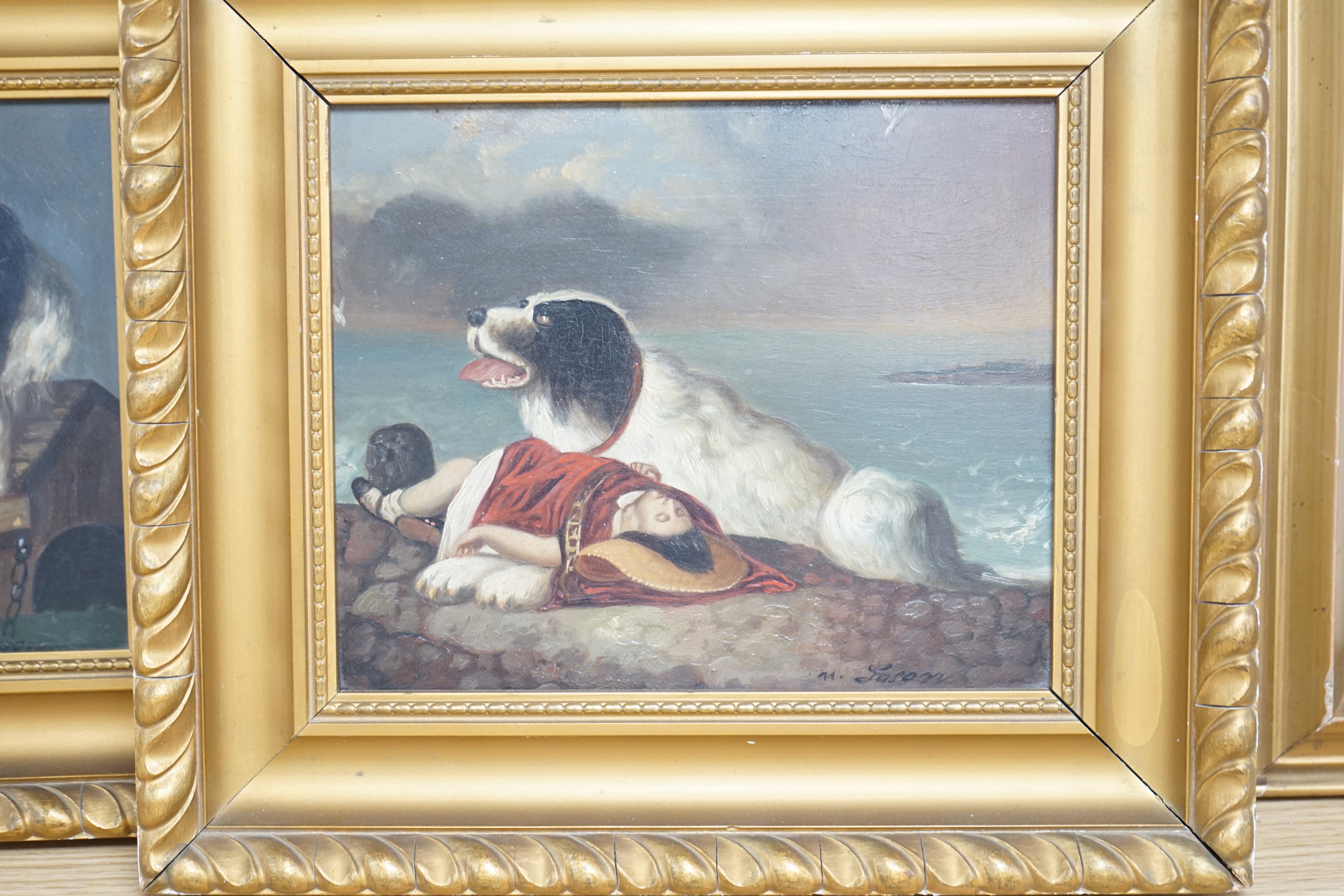 After Edwin Landseer (1802-1873), pair of oils on board, Border Collie with child and dogs in peril, each signed M Lason, 15 x 19cm